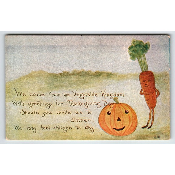 Thanksgiving Day Postcard Fantasy Anthropomorphic Carrot Man JOL Pumpkin Owen - Picture 2 of 3